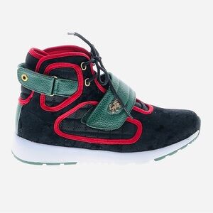 Vlado Atlas III high-top sneaker in black velvet with green and red accents.